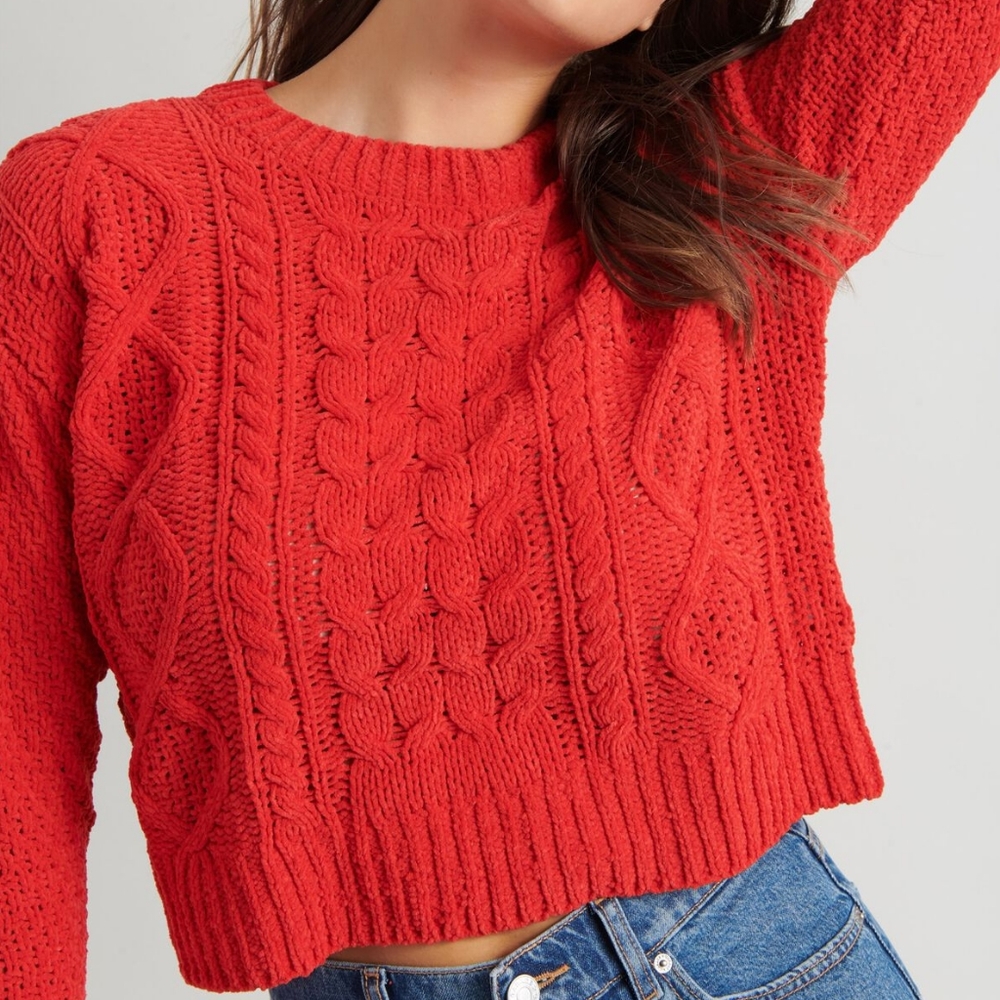 Garage Red Chenille Crew Neck Knit Crop Sweater XS